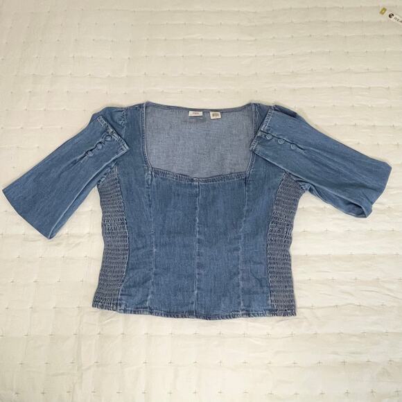 Levi’s Ophelia Corset Chambray Crop Shirt Women’s M | Blue Long Sleeve Denim - Picture 3 of 11